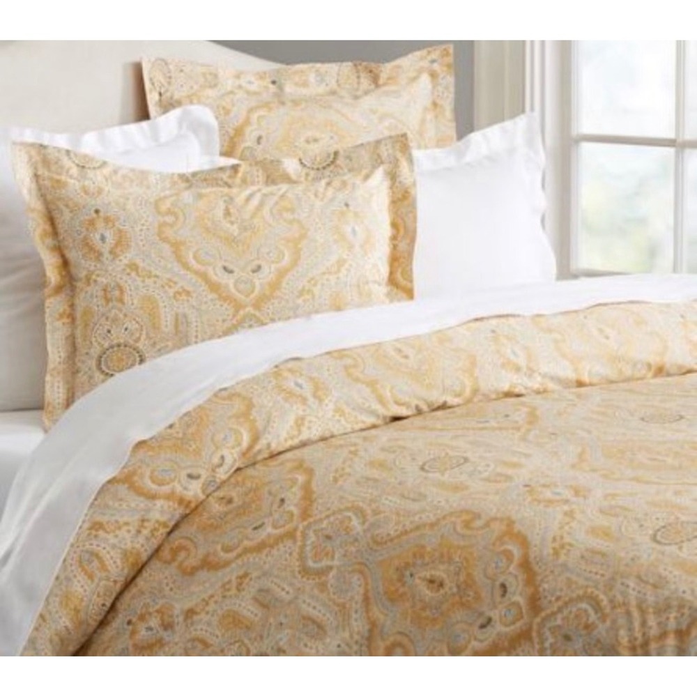 Pottery Barn Viola Queen Duvet Cover Yellow Grey Paisley Medallion 100% Cotton